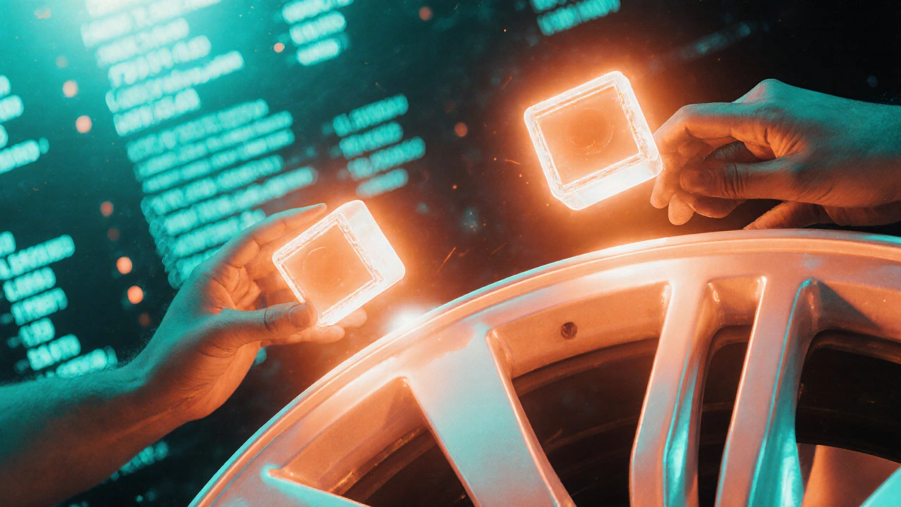 Abstraktní znázornění vyvážení pneumatiky pomocí olovníků na disku.