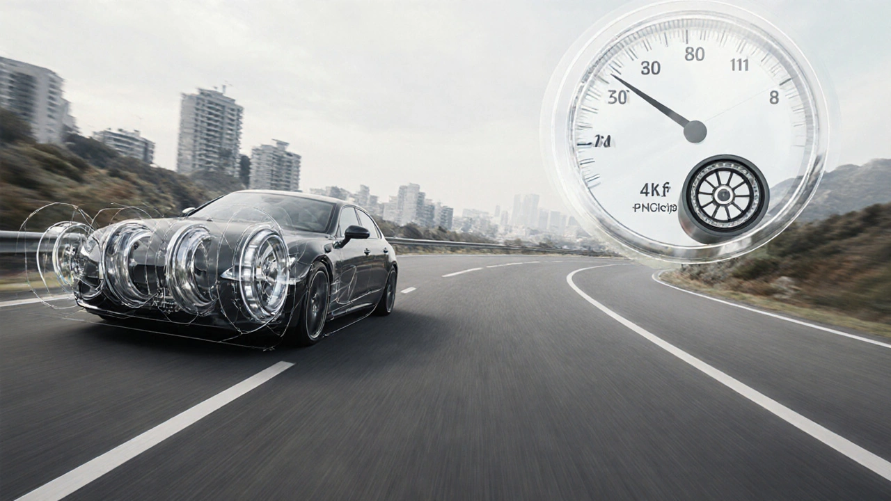 Automobil na zatáčce s vizuální reprezentací rozdílu hmotnosti kol a jejich vlivu na spotřebu.