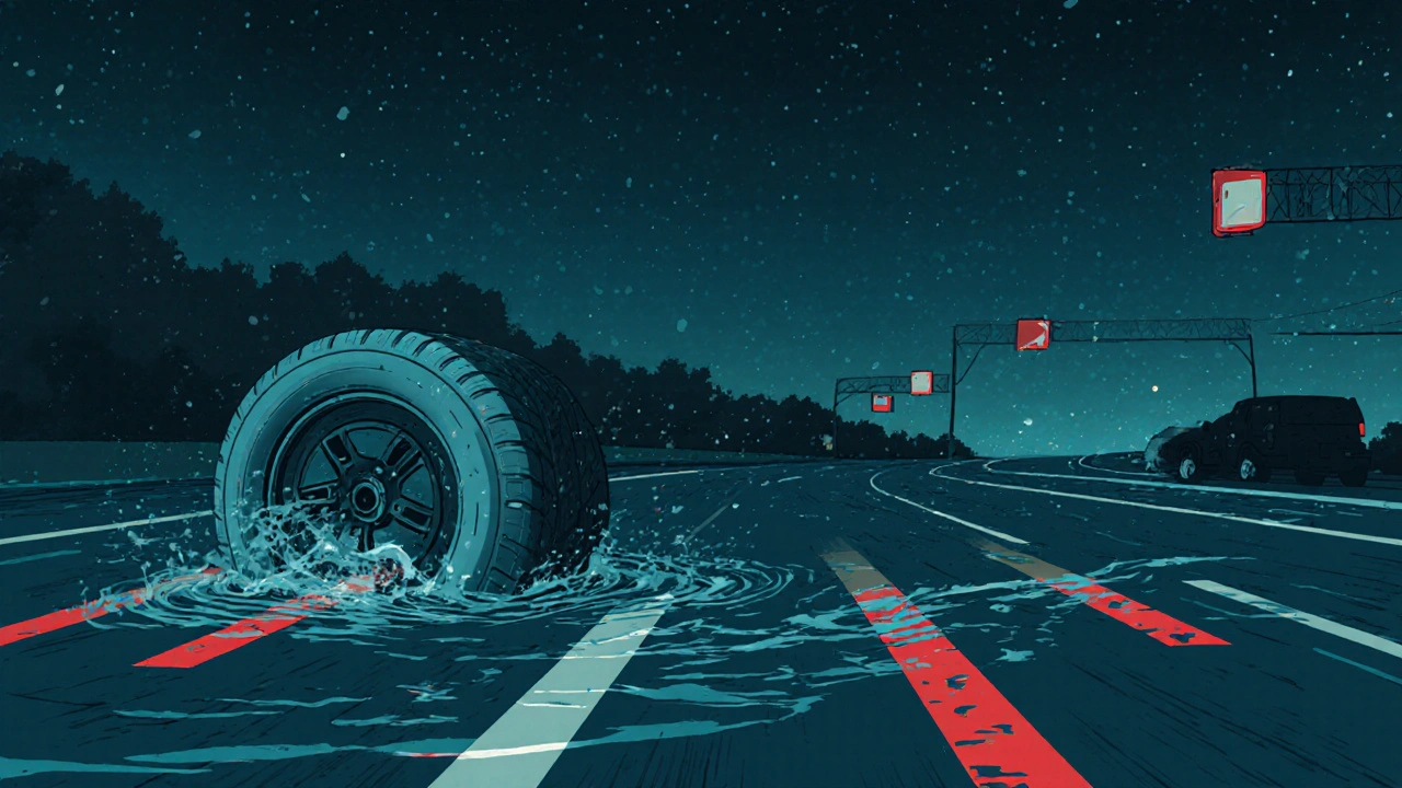 Automobil plave na vodě při akvaplaningu z důvodu sjetých pneumatik.