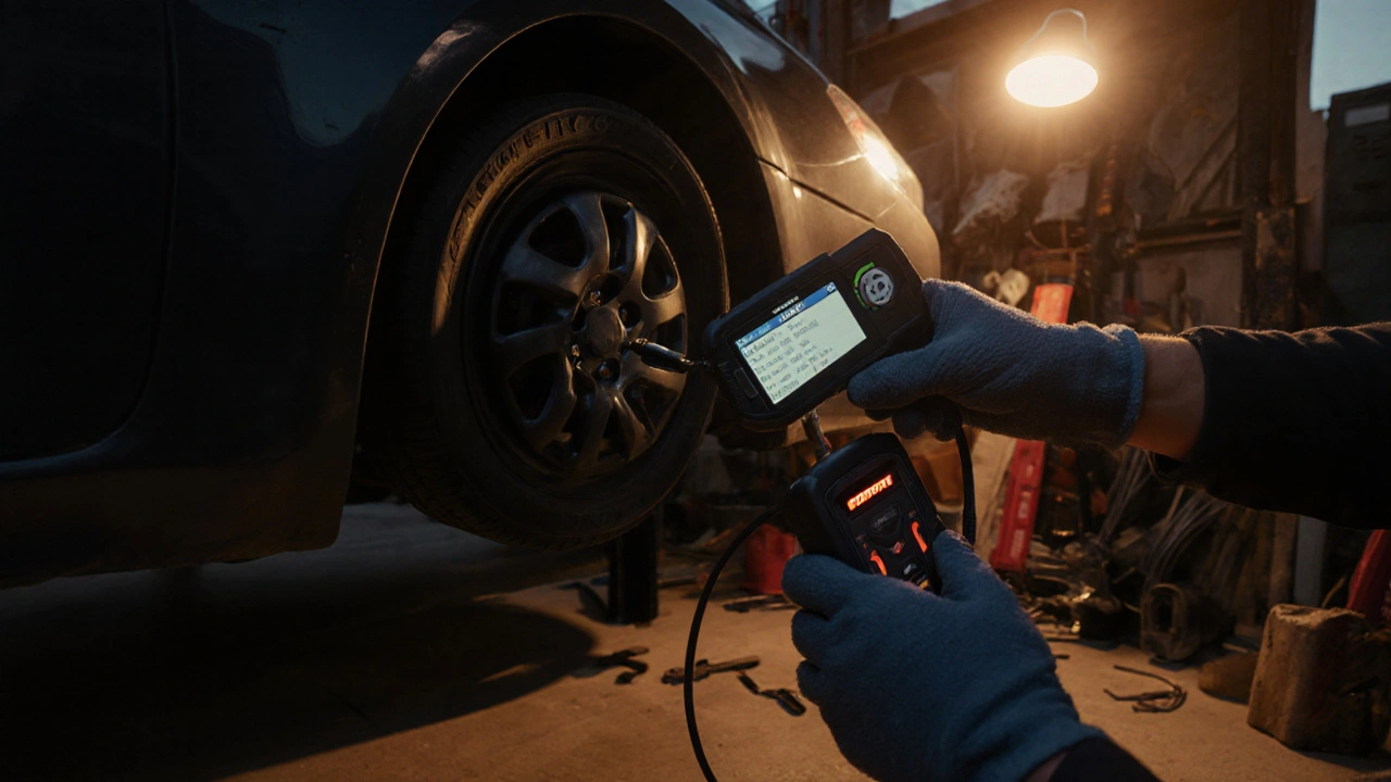 Domácí uživatel připojuje TPMS čtečku k OBD‑II a kontroluje senzor.