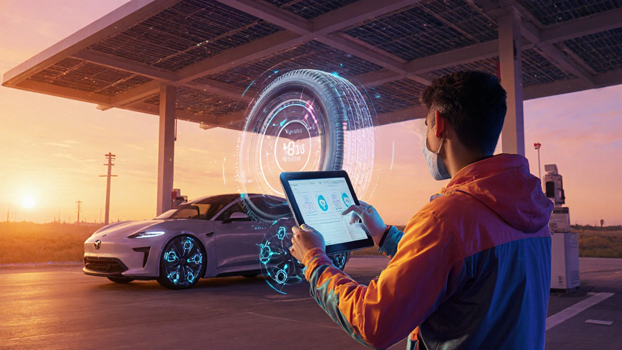 Futuristický řidič kontroluje tlak pneumatik na tabletu, auto s červenými senzory.