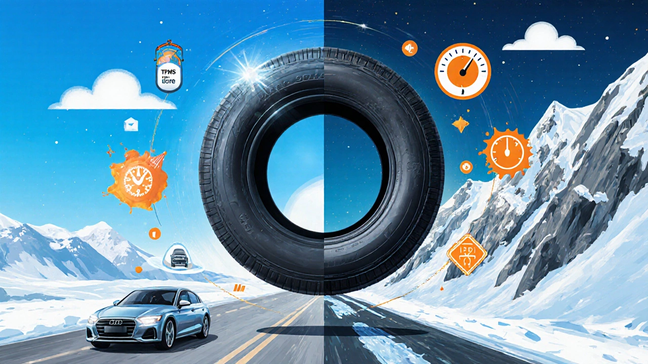 Ilustrace pneumatiky obklopené faktory: tlak, TPMS, terén, rychlost a hmotnost.