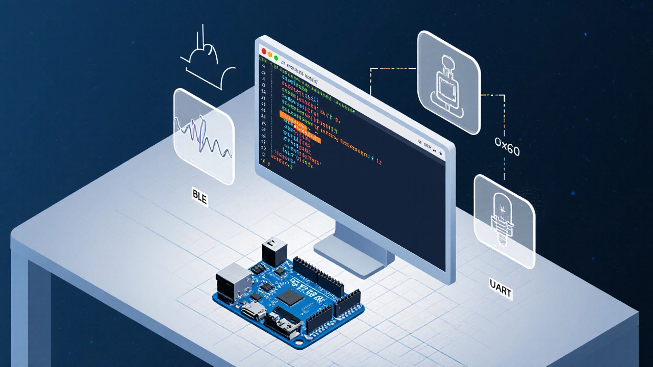 Isometrické zobrazení kódu v Arduino IDE, CAN signálu a BLE/UART ikon kolem desky s komponenty.