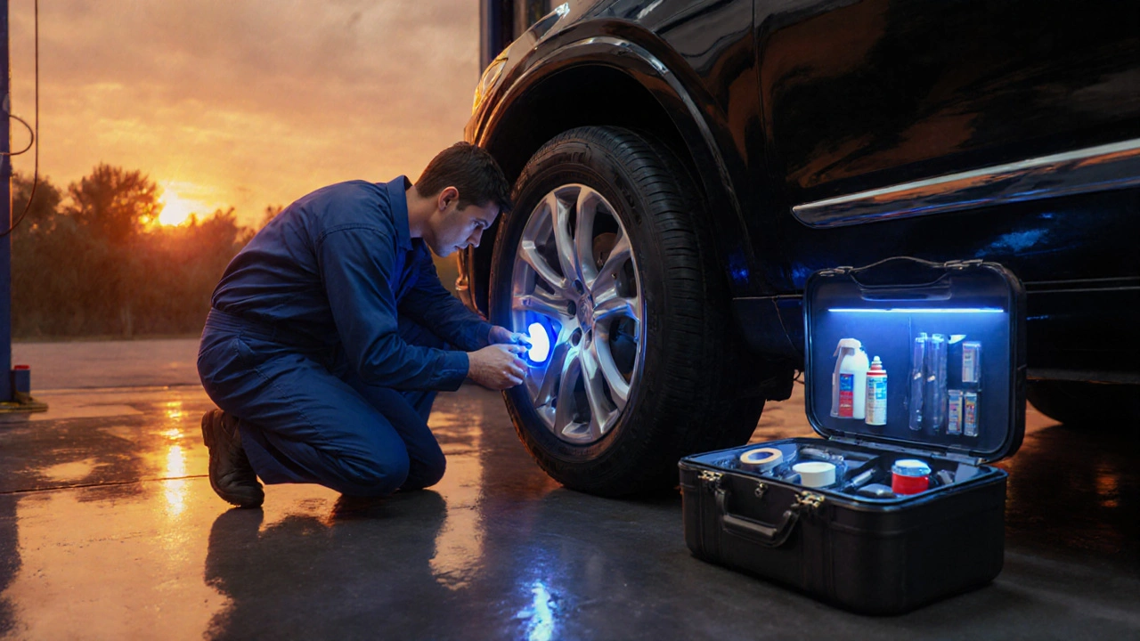 Mechanik v servisu provádí vulkanizaci pneumatiky, vedle otevřeného kufru s opravářským kitem.