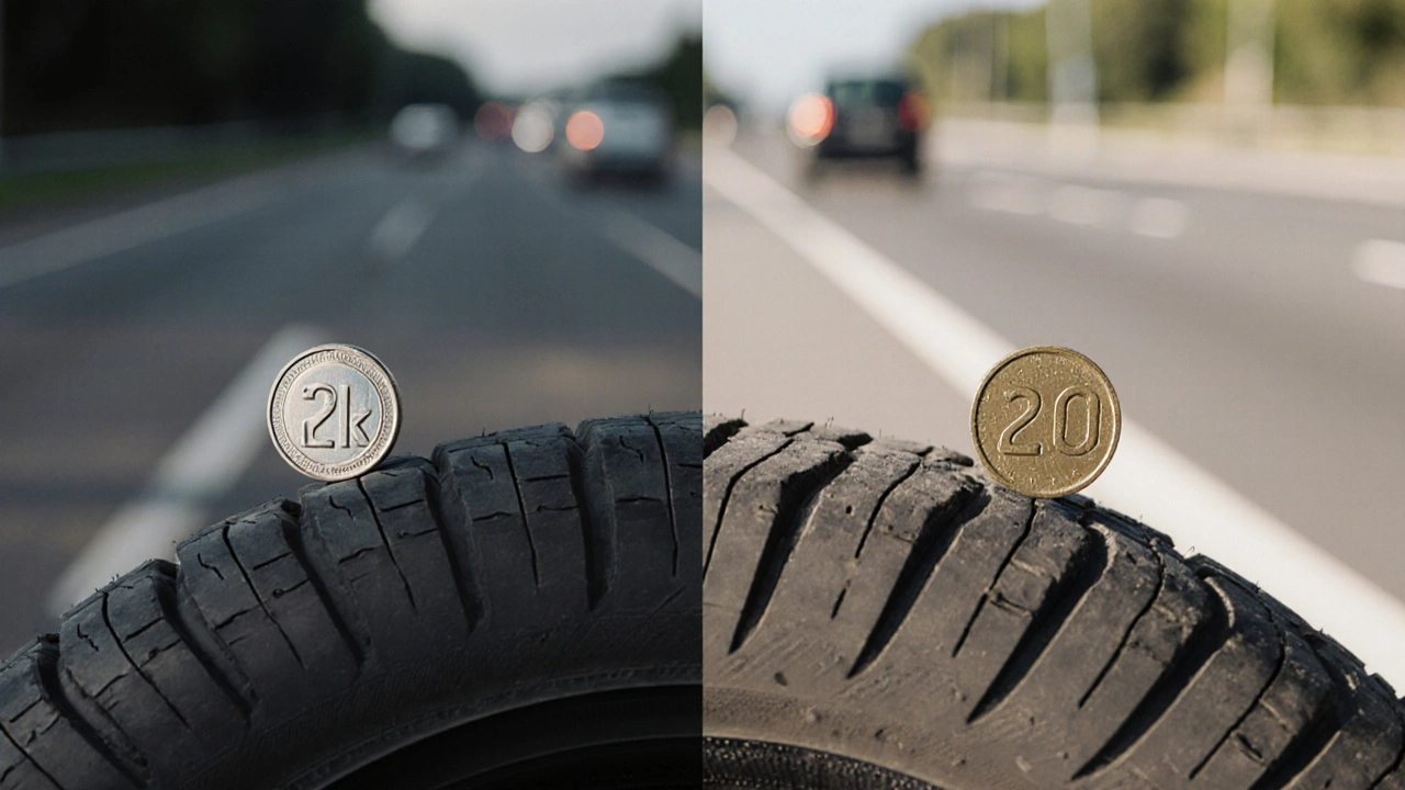 Porovnání nové a sjeté pneumatiky s mincí 20 Kč v hloubce běhu.