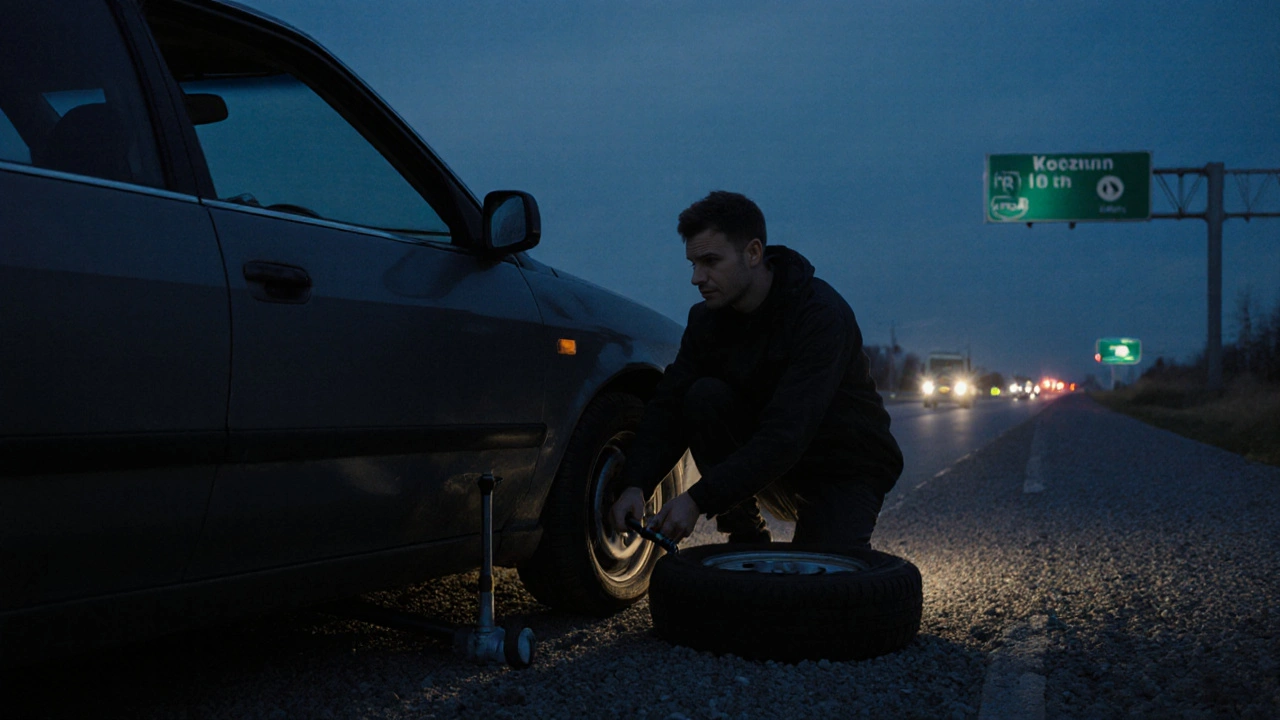 Řidič se snaží doma vyměnit kolo na kraji dálnice ve večerní světle.