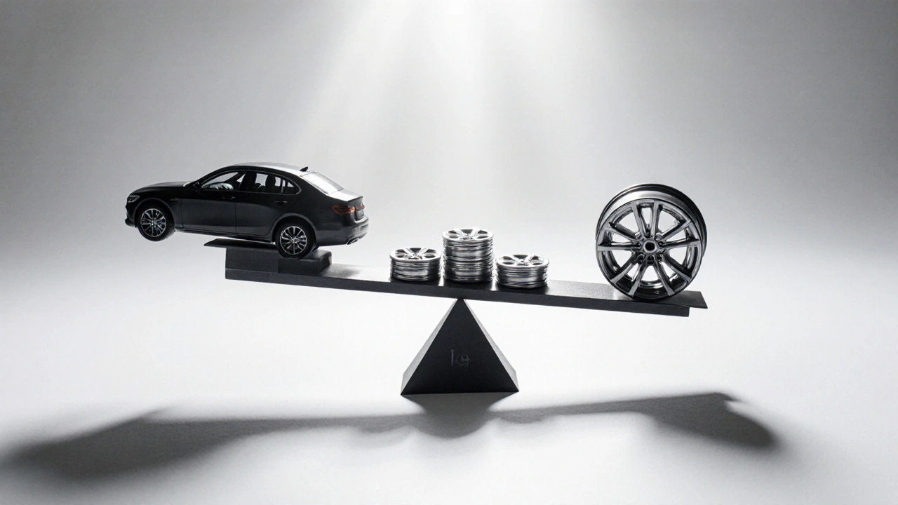 Váha s autem a váhou kol – symbolické znázornění úspory hmotnosti a paliva.