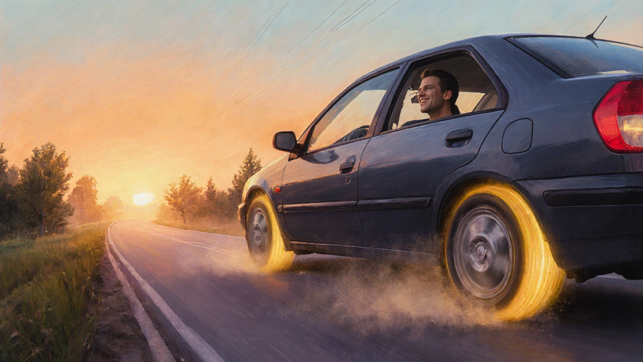Vyvážené kolo září, automobil plynule jede po klidné silnici.