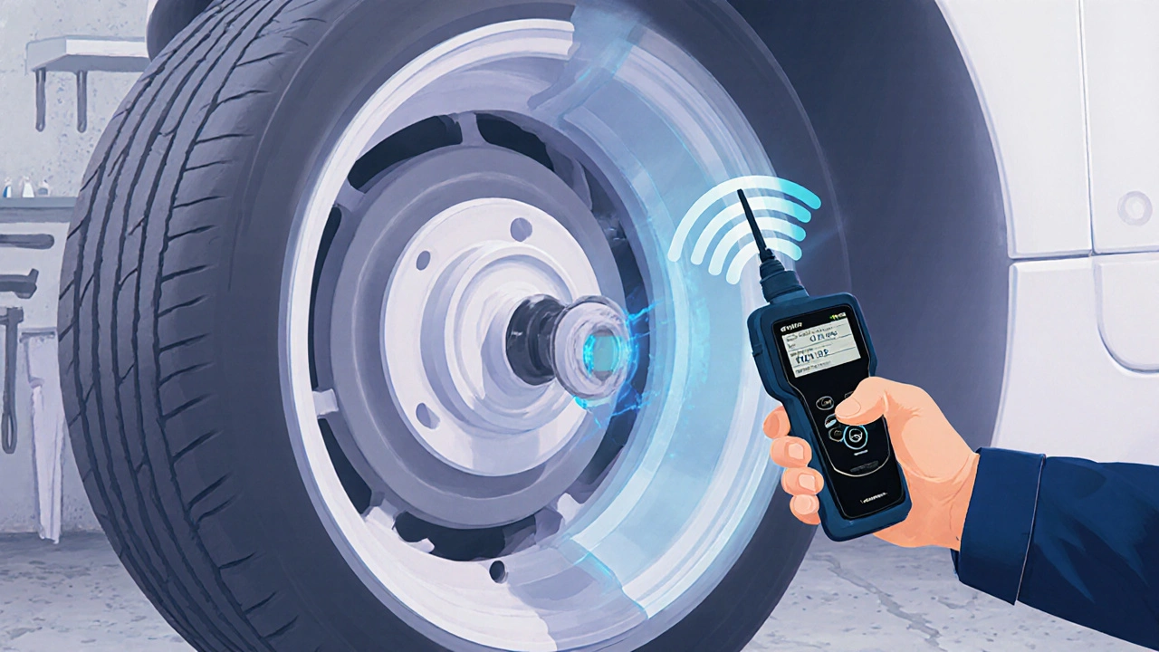 Zobrazení senzoru TPMS na ventilu a mechanik s OBD scannerem v dílně.