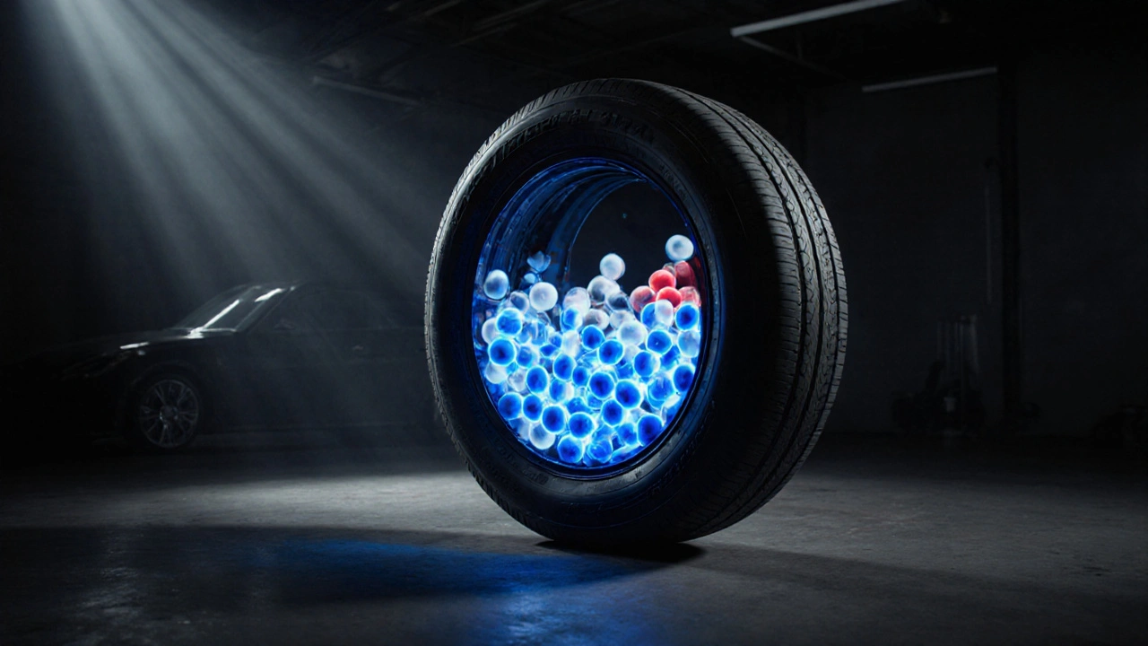 Abstraktní znázornění dusíku a vzduchu v pneumatice s různým pohybem molekul.