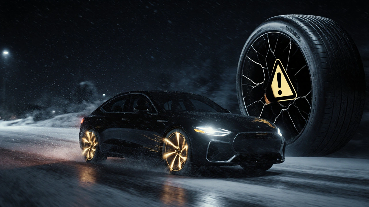 Auto na mokré silnici s dokonale vyváženými pneumatikami a temným obrazem poškozené pneumatiky.