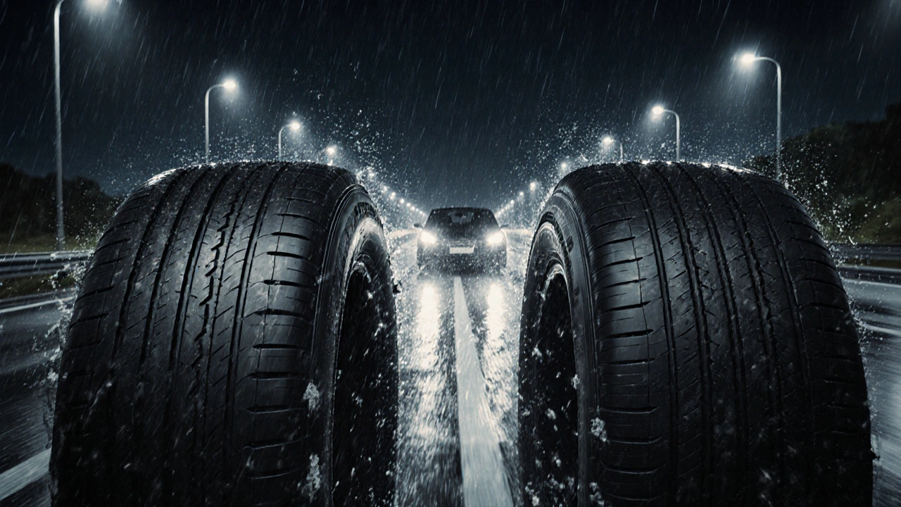 Auto na mokré silnici s porovnáním nové a opotřebované pneumatiky při dešti.
