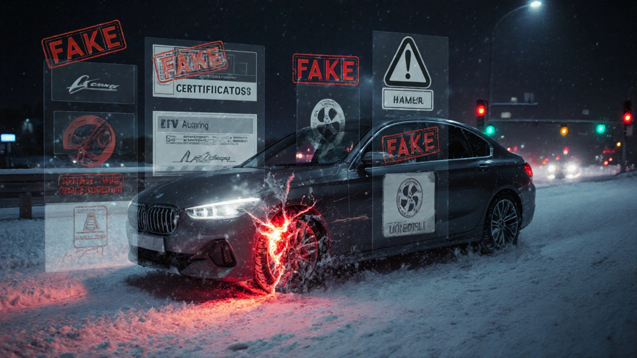 Auto na zimní silnici s jedním praskajícím ráfkem a překrývajícími se varovnými značkami