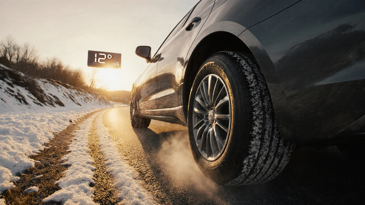 Automobil na cestě v březnu, jedno kolo má zimní, druhé letní pneumatiky, slunce svítí skrz mlhu.