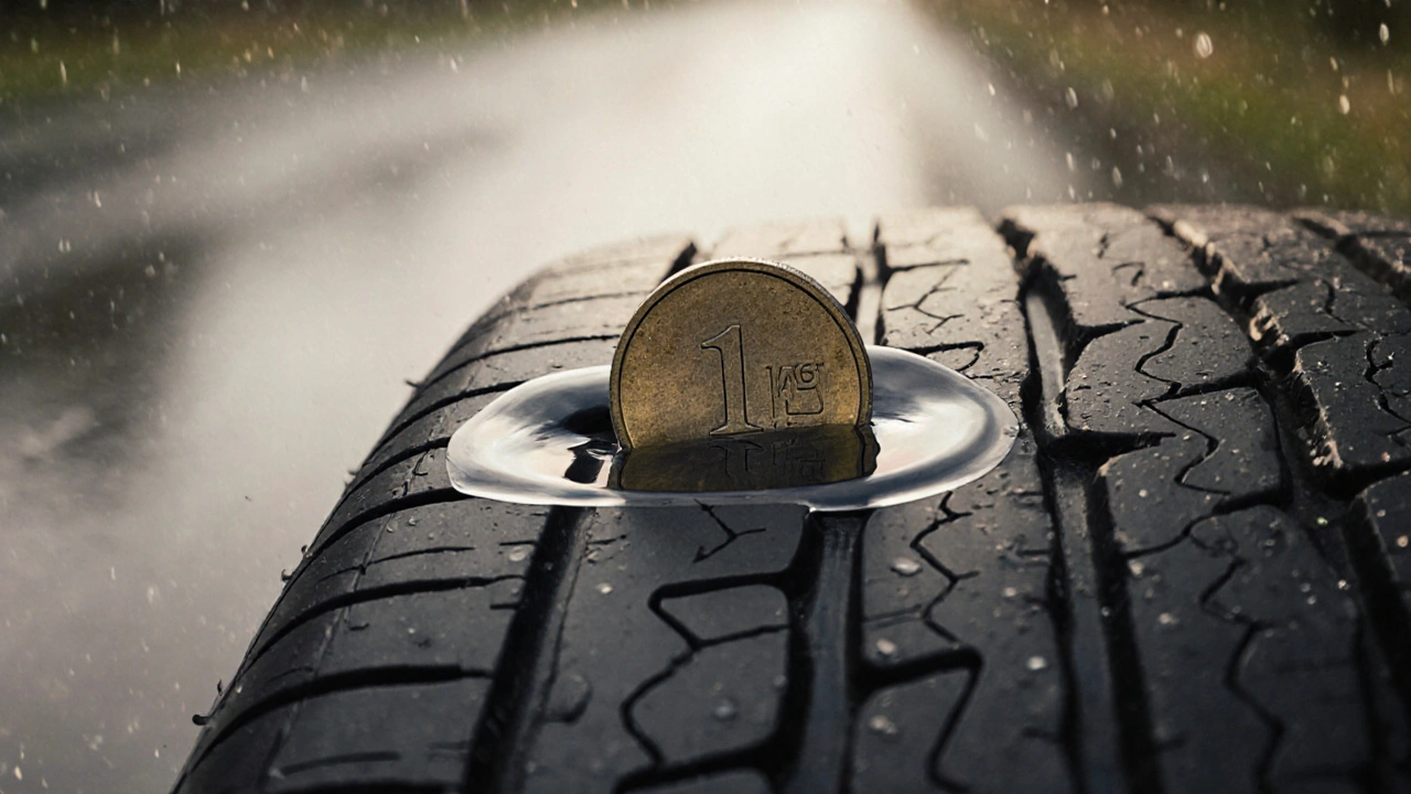 Česká jednokoruna v hloubce pneumatiky, ukazující hloubku 3 mm pro bezpečnou jízdu.
