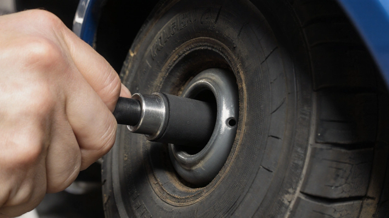 Detailní záběr ruky vkládající gumovou tyčinku do díry v pneumatice.