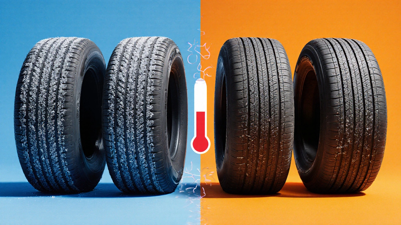 Dvě sady pneumatik vedle sebe: zimní s ledem a letní se sluncem, mezi nimi teplotní hranice 7°C a 15°C.