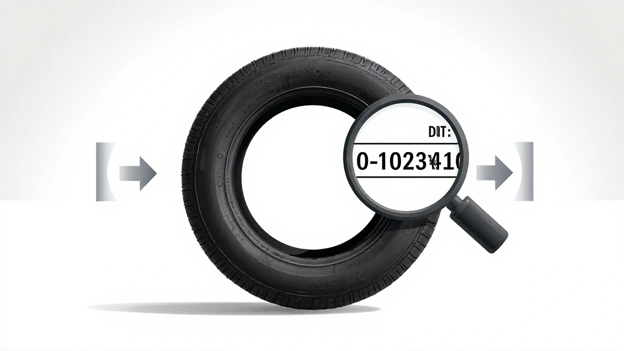 Ilustrace otáčení pneumatiky pro zobrazení skrytého DOT kódu