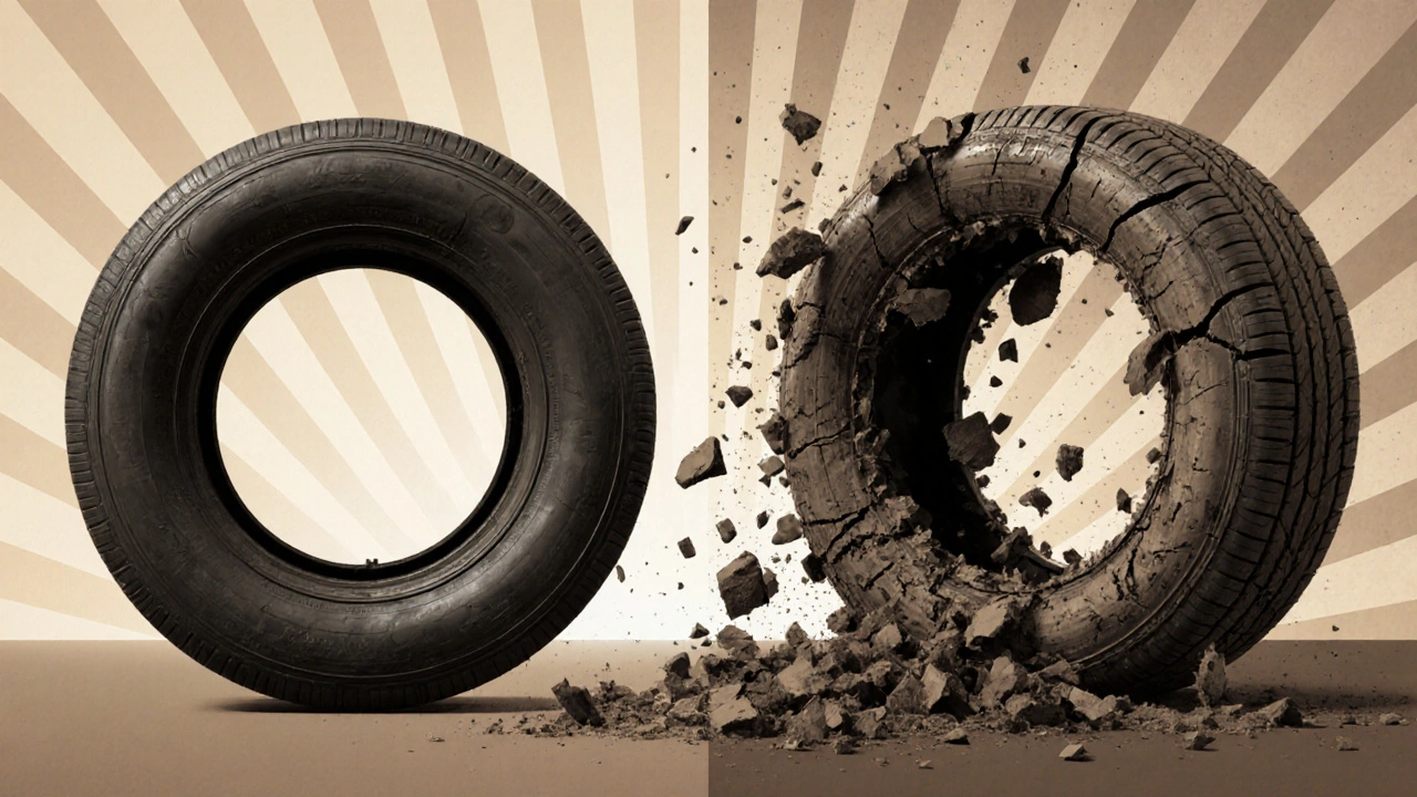 Ilustrace staré pneumatiky s rozpadající se gumou, kontrastující s novou, symbolizující degradaci materiálu.