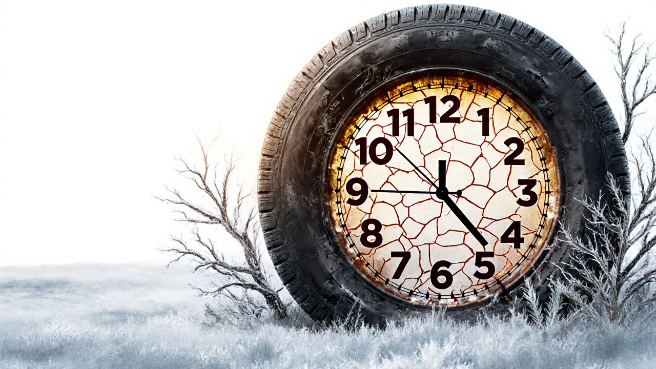 Kolo s hodinami v boku a prasklinami v gumi, symbolizující stárnutí pneumatiky.