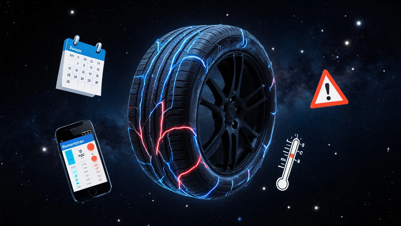 Koncepční obrázek pneumatiky jako živého organismu s proudy dusíku a teplotními změnami.