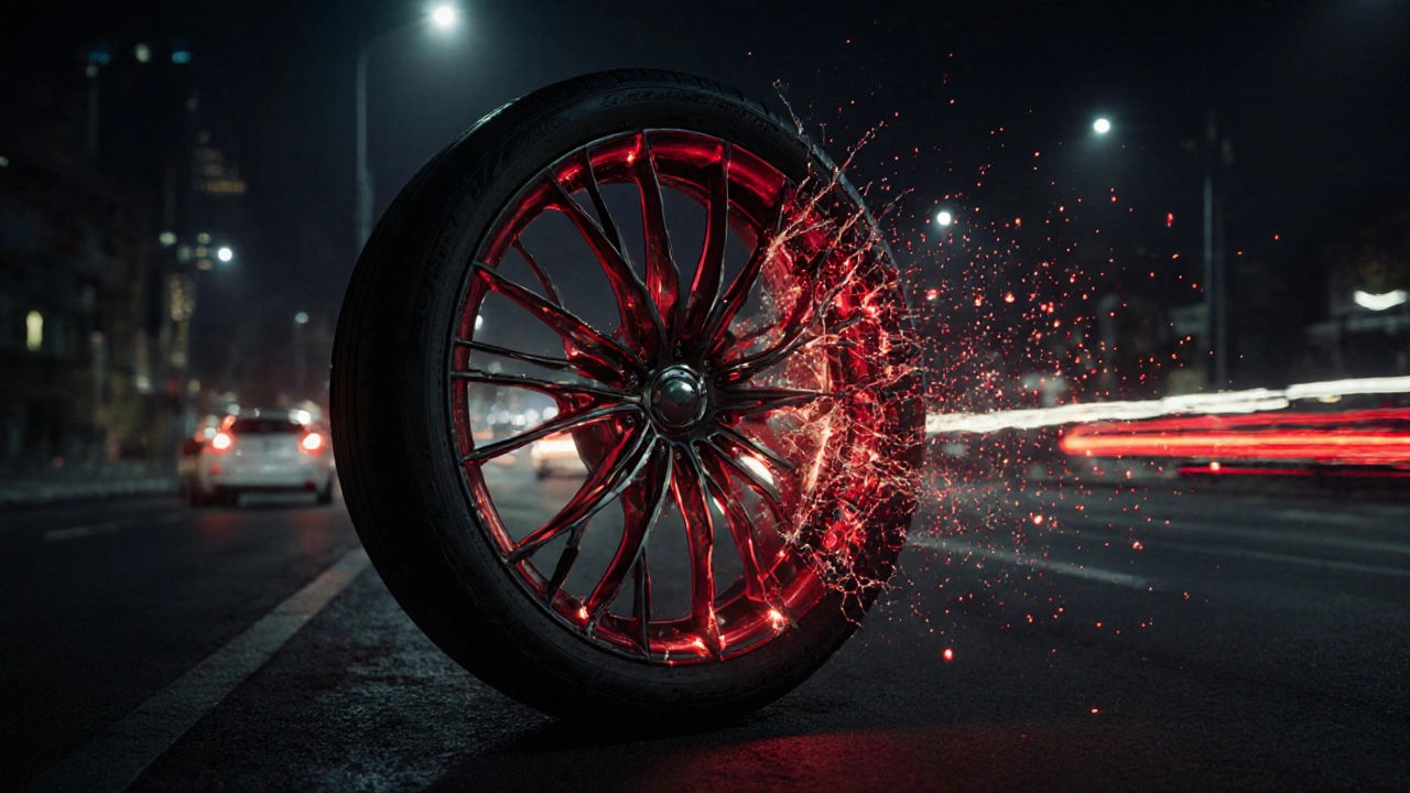 Konceptuální obrázek kola s červenými napěťovými čárami a prasklými dráty uvnitř.