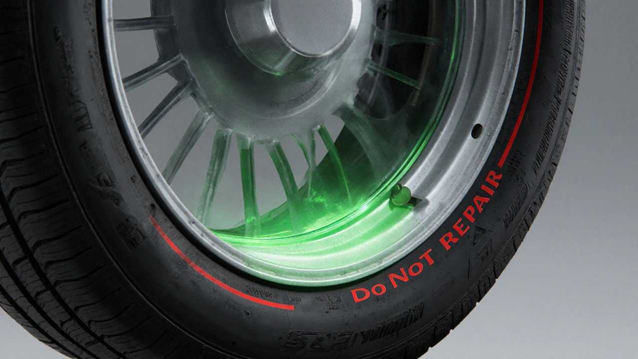 Konceptuální obrázek opravené pneumatiky s vyznačenou nebezpečnou bokovinou.