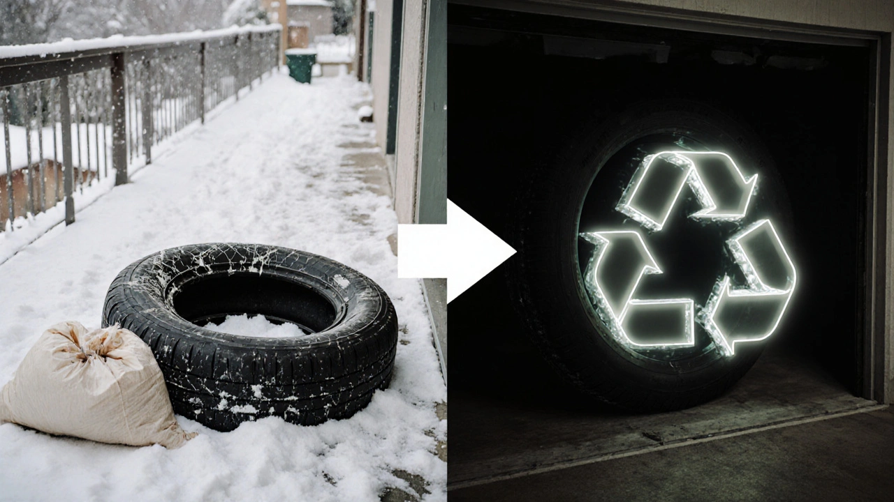 Kontrast mezi poškozenou pneumatikou na balkóně a správně uloženou v garáži.