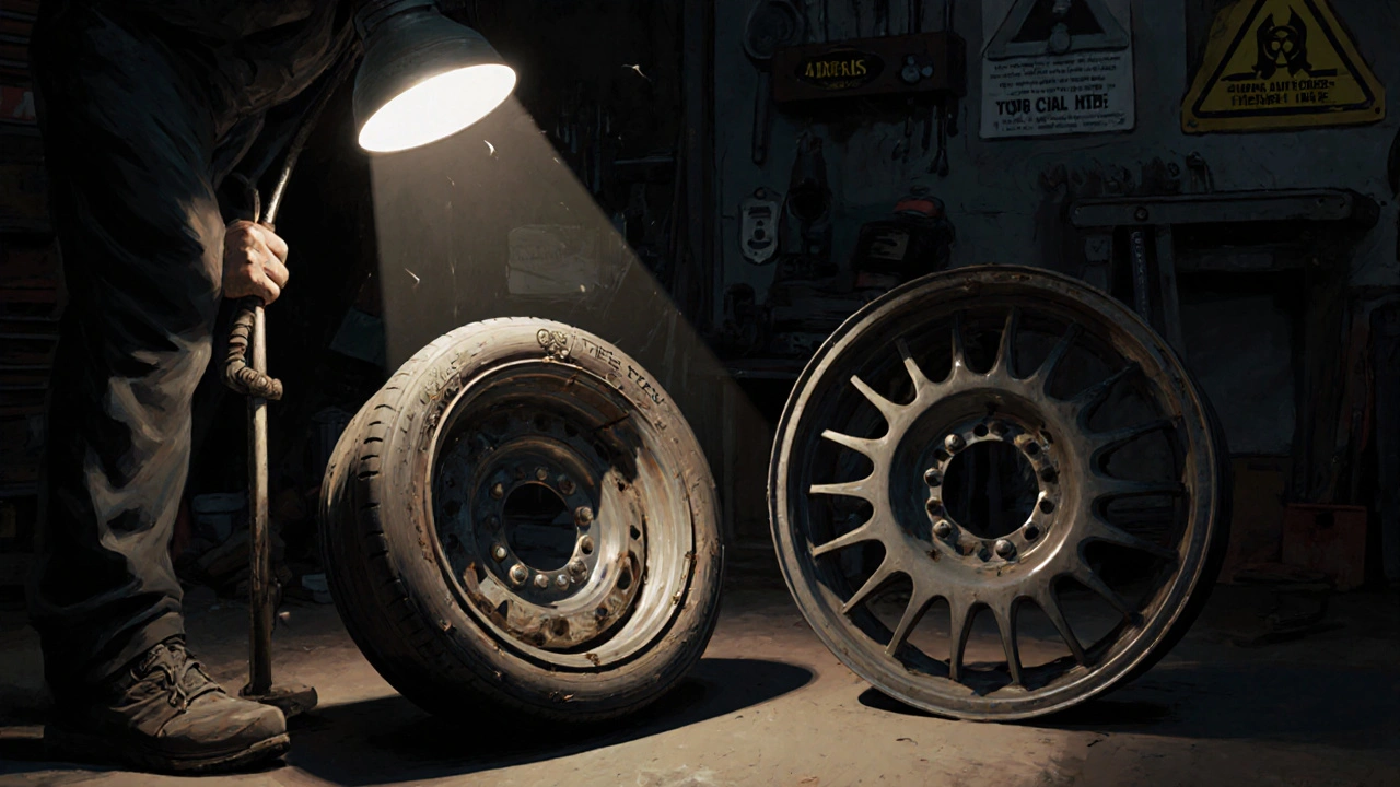 Mechanik kontroluje ocelový ráfek s viditelnými svařovacími stopami na okraji