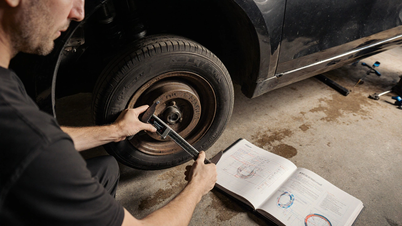 Mechanik měří výstup disku na autním ráfku v dílně.