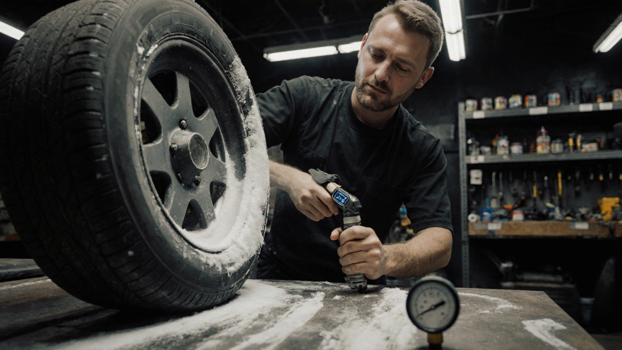Mechanik opatrně rozprašuje pěnu na stranu pneumatiky při vyhledávání úniku vzduchu.