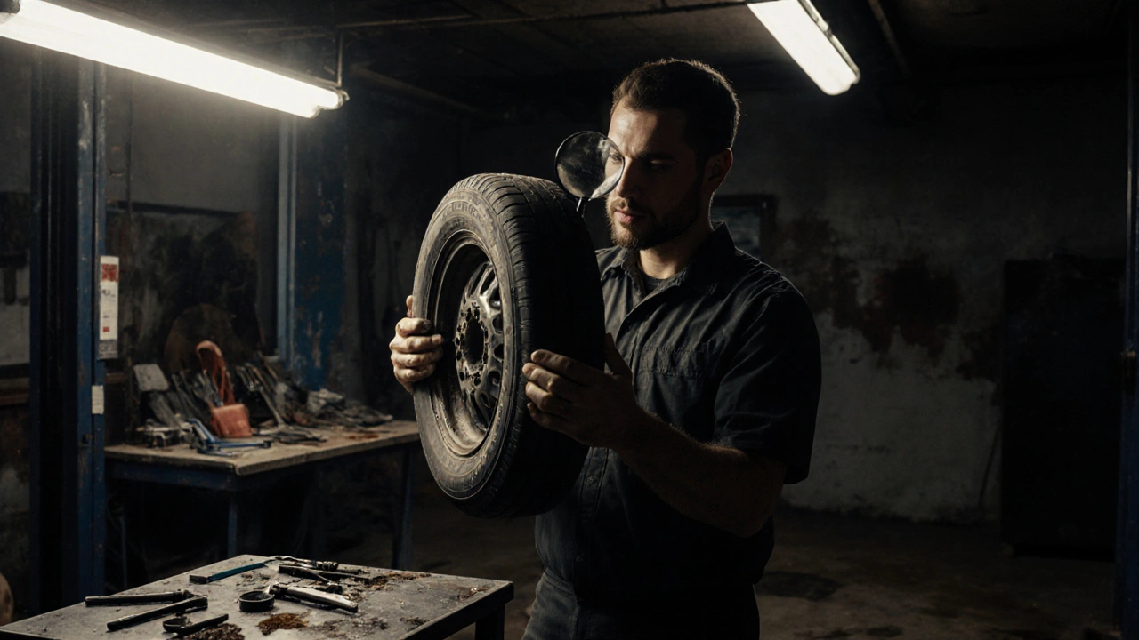 Mechanik prohlíží poškozenou pneumatiku v dílně s lupa a nástroji kolem.