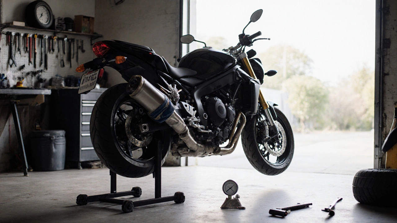 Motocykl zvednutý na stojanu, kola otočená o 90 stupňů, ruka upravuje polohu pneumatiky v garáži.