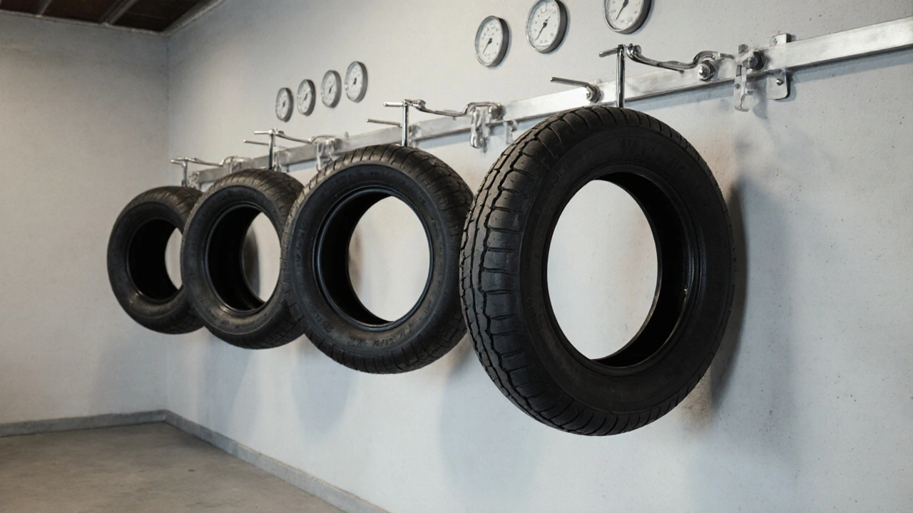 Motocyklové pneumatiky zavěšené na kovových háčcích na zdi, zavěšené přes obvod, ne přes ráfek.
