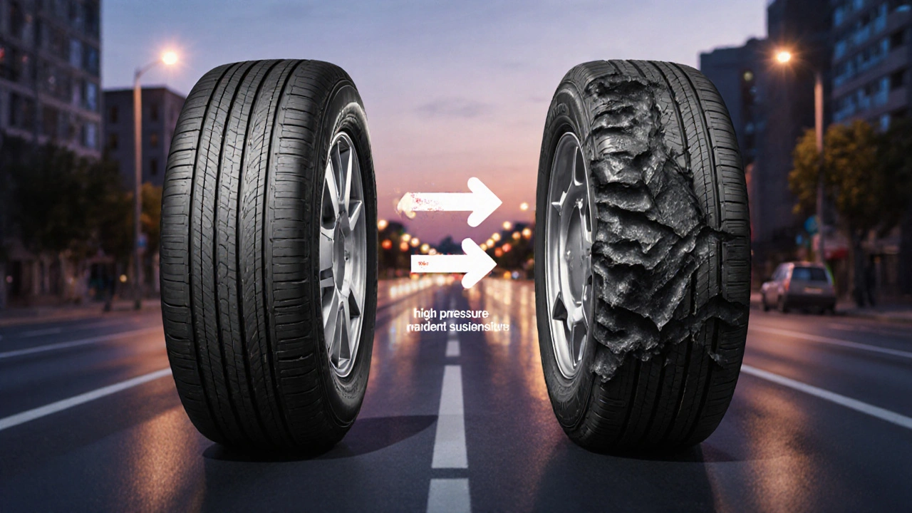 Nerovnoměrné opotřebení pneumatiky: vnitřní, střední a vnější část s označenými příčinami.