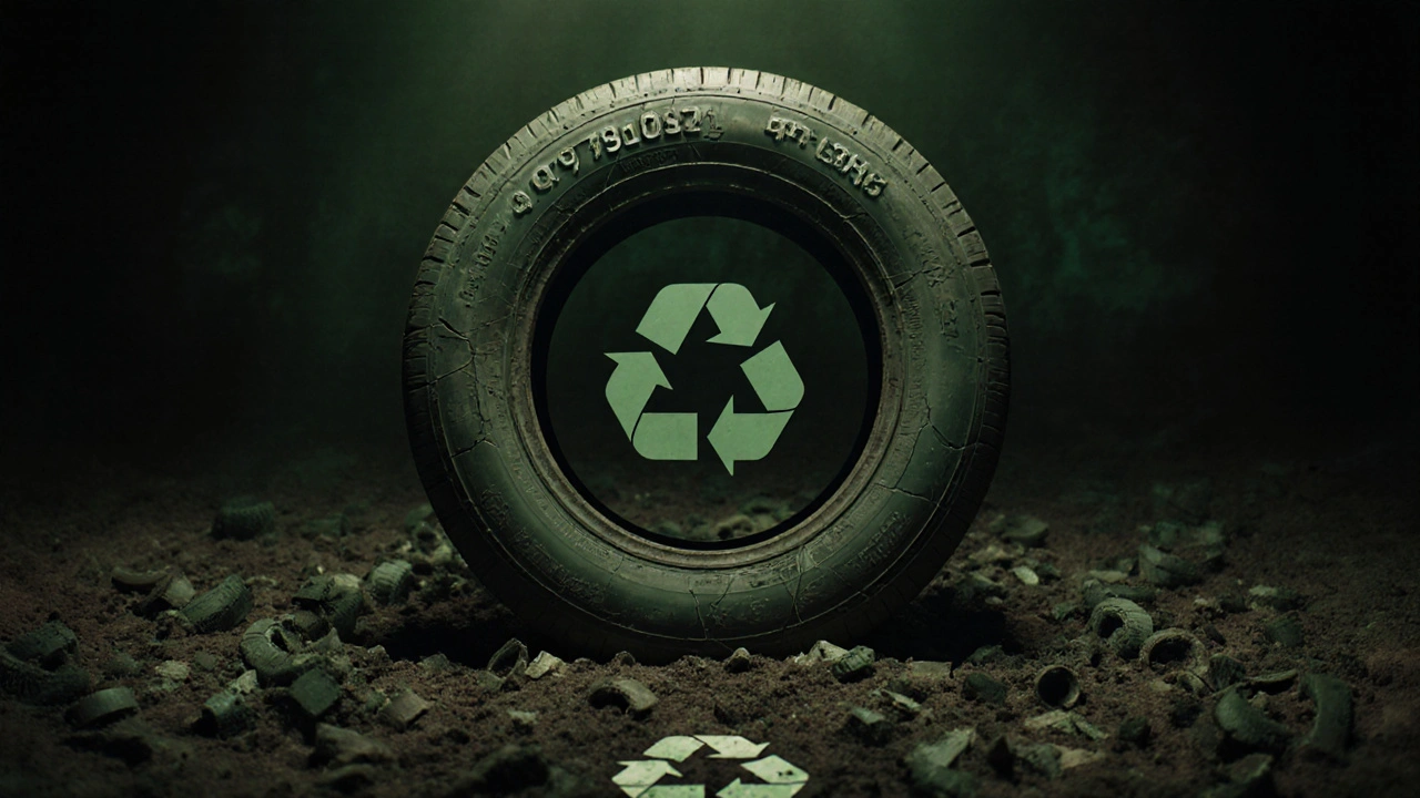 Opotřebované kolo s datem výroby 12/2019 a prasklinami v gumi, kolem recyklační symbol