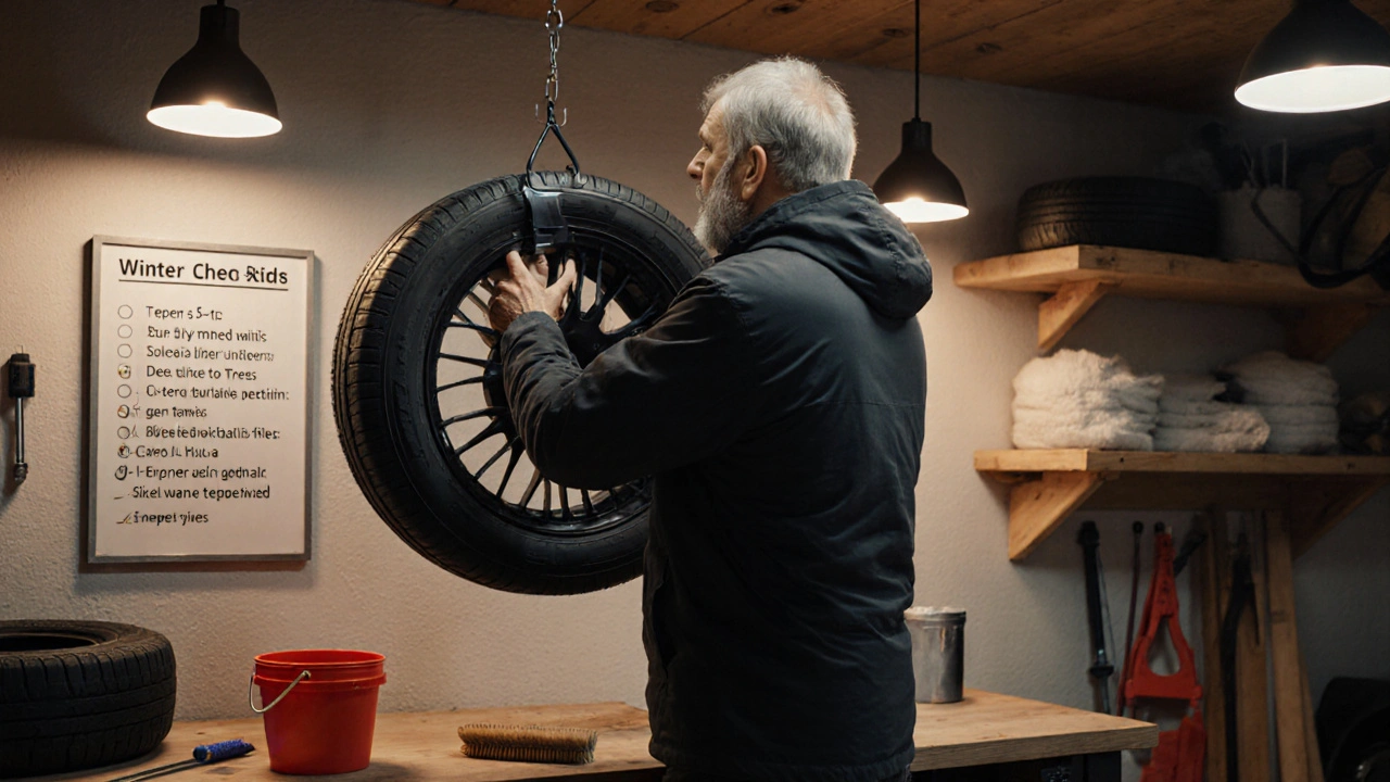 Osoba zavěšuje pneumatiky na háčky v kryté garáži s teplotními pokyny na zdi.