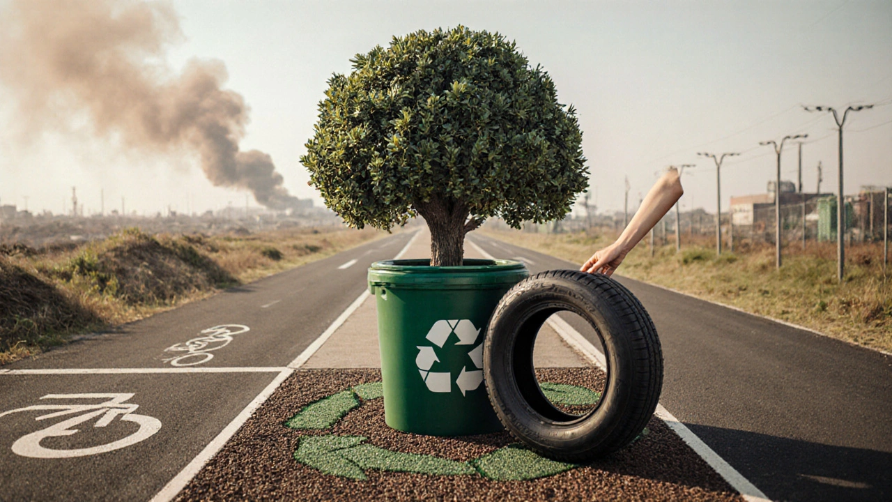 Pneumatika v recyklačním kontejneru, který připomíná strom, s recyklovaným kaučukem v podobě hřiště.