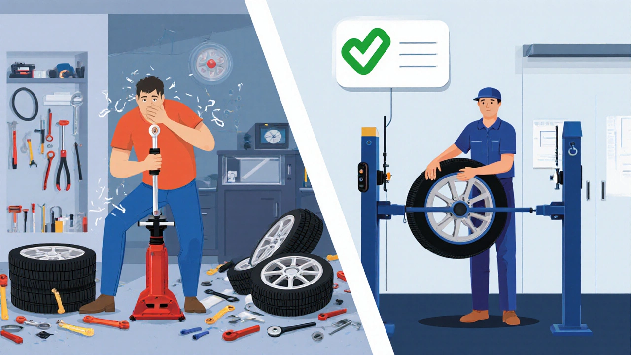 Porovnání domácího přezutí s profesionálním servisem – chaos vs. řád.