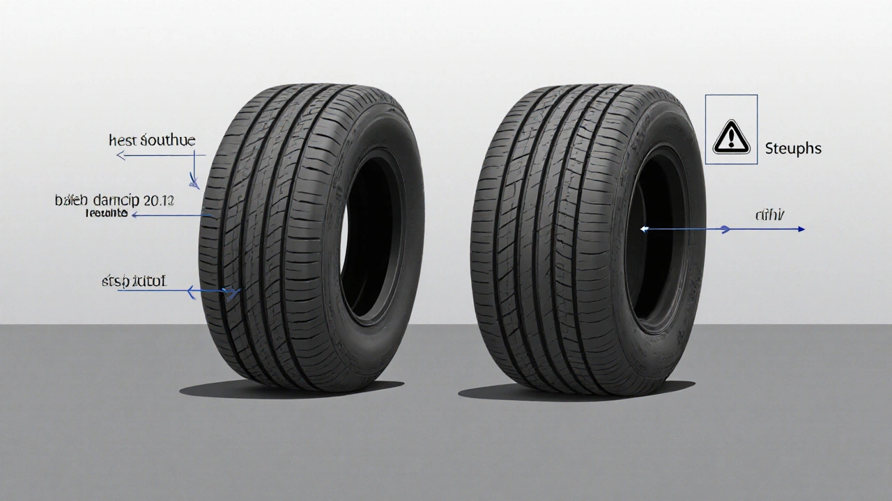 Porovnání správně a nesprávně nafouknuté pneumatiky s viditelným deformací boků.