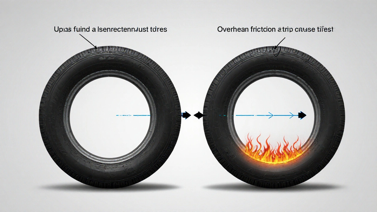 Porovnání správně a nesprávně nafouknuté pneumatiky s vyznačeným kontaktním plochou.
