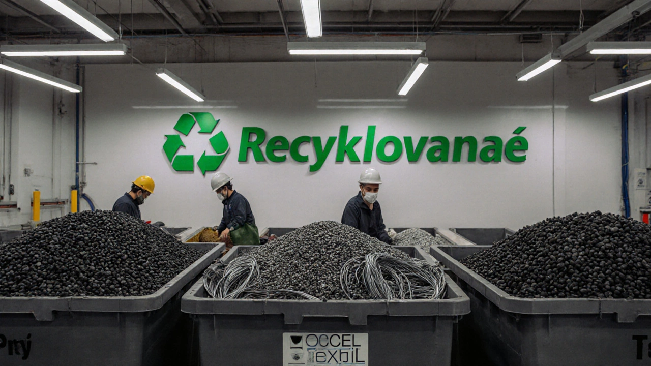 Pracovníci třídí použité pneumatiky na recyklačním zařízení v Praze.