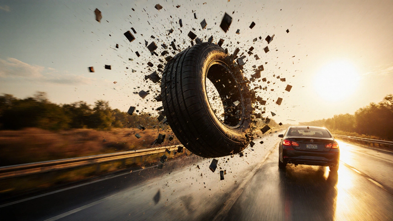 Praskající pneumatika při jízdě po dálnici, kusy gumi a kordů létají vzduchem.