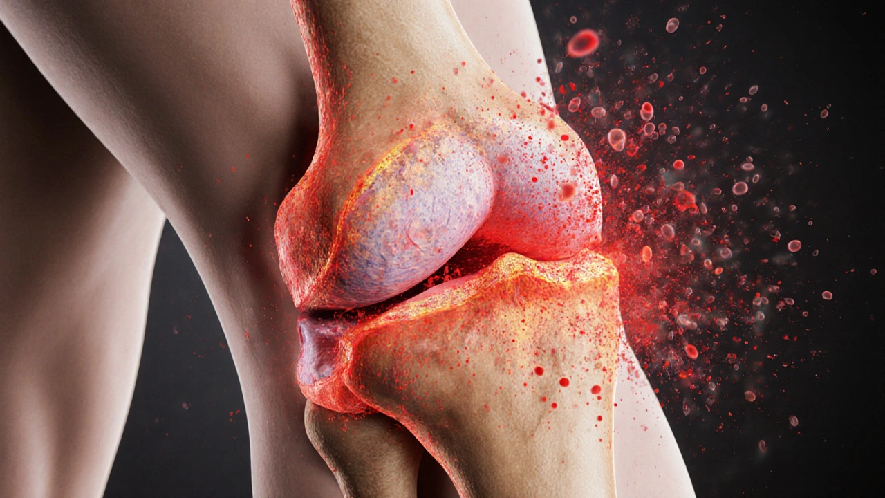 Průřez kolenního kloubu s zánětlivým útokem imunitního systému na chrupavku.