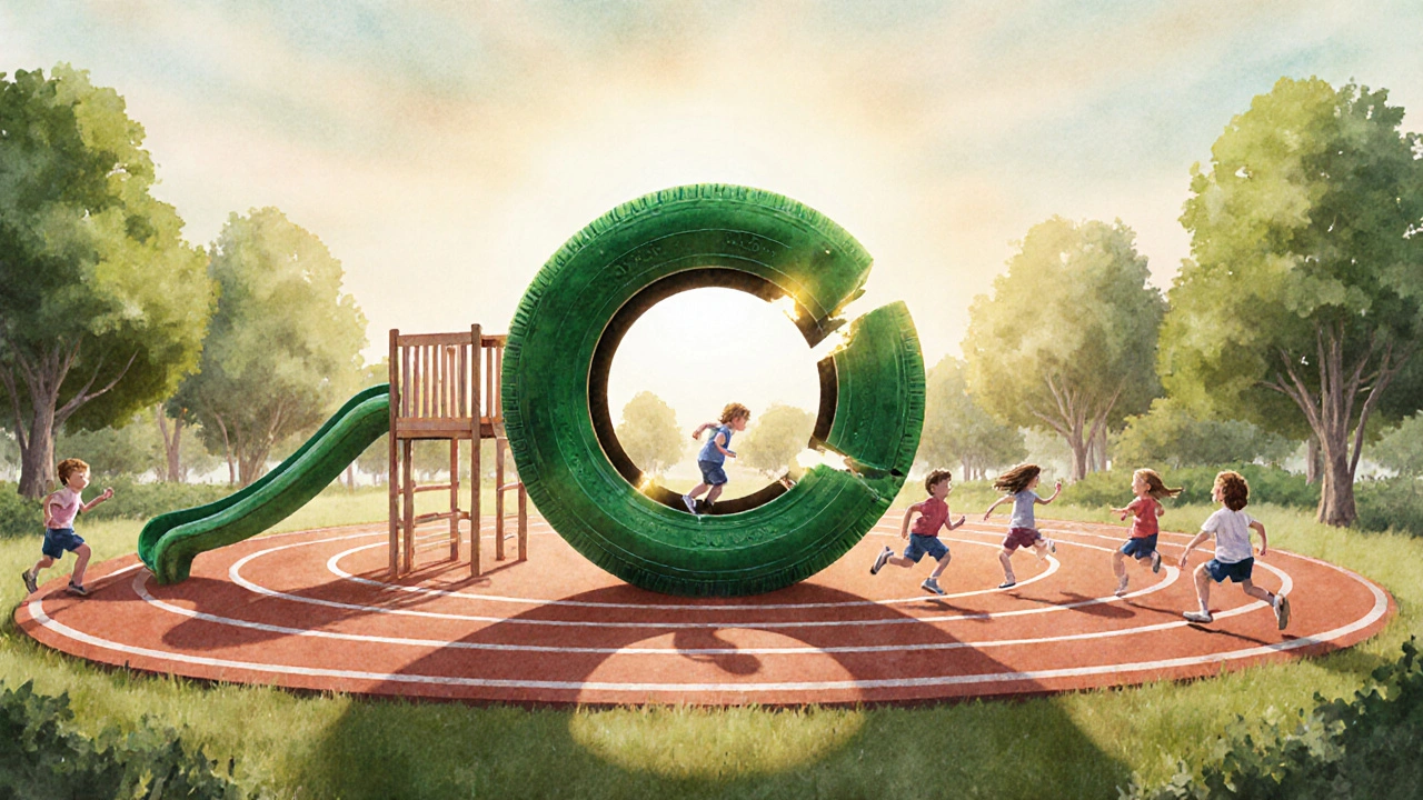 Recyklovaná pneumatika přeměněná na dětské hřiště a běžeckou dráhu.