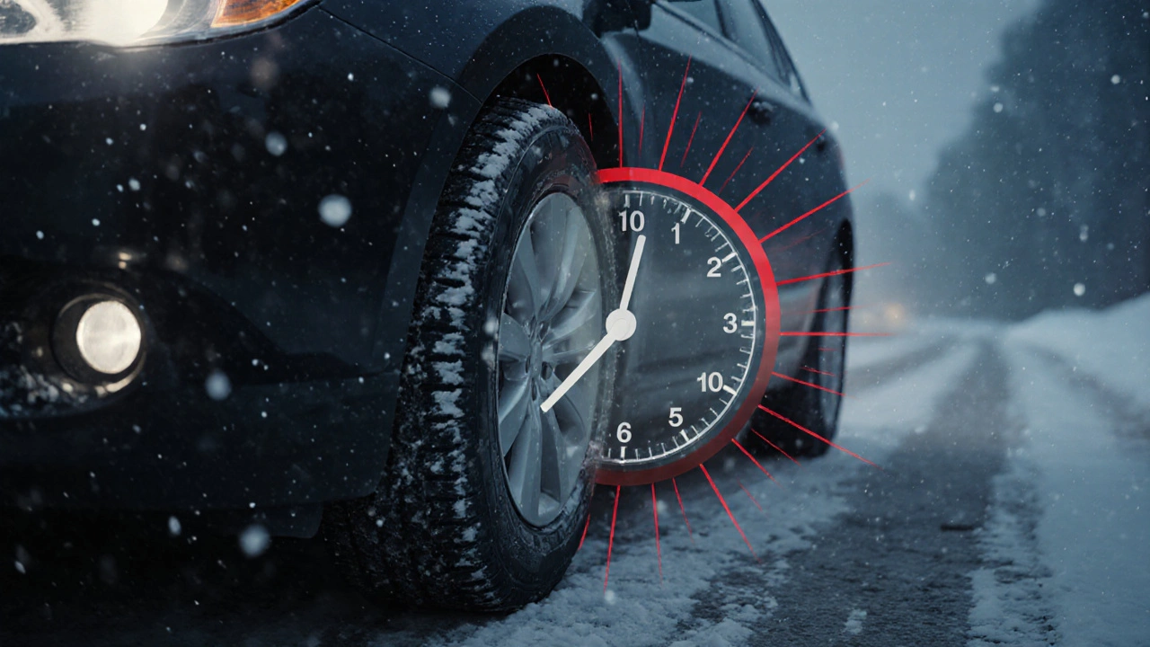 Řidič kontroly výrobního data pneumatiky za sněžení, s varovnými čárami naznačujícími riziko stárnutí.