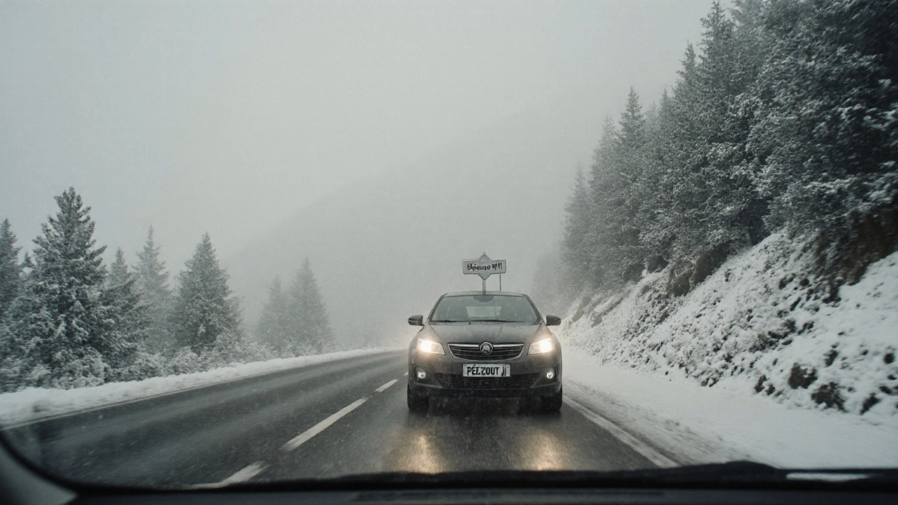 Rodinné auto na horské silnici v listopadu s zimními pneumatikami, mlhou a sněhem v pozadí.