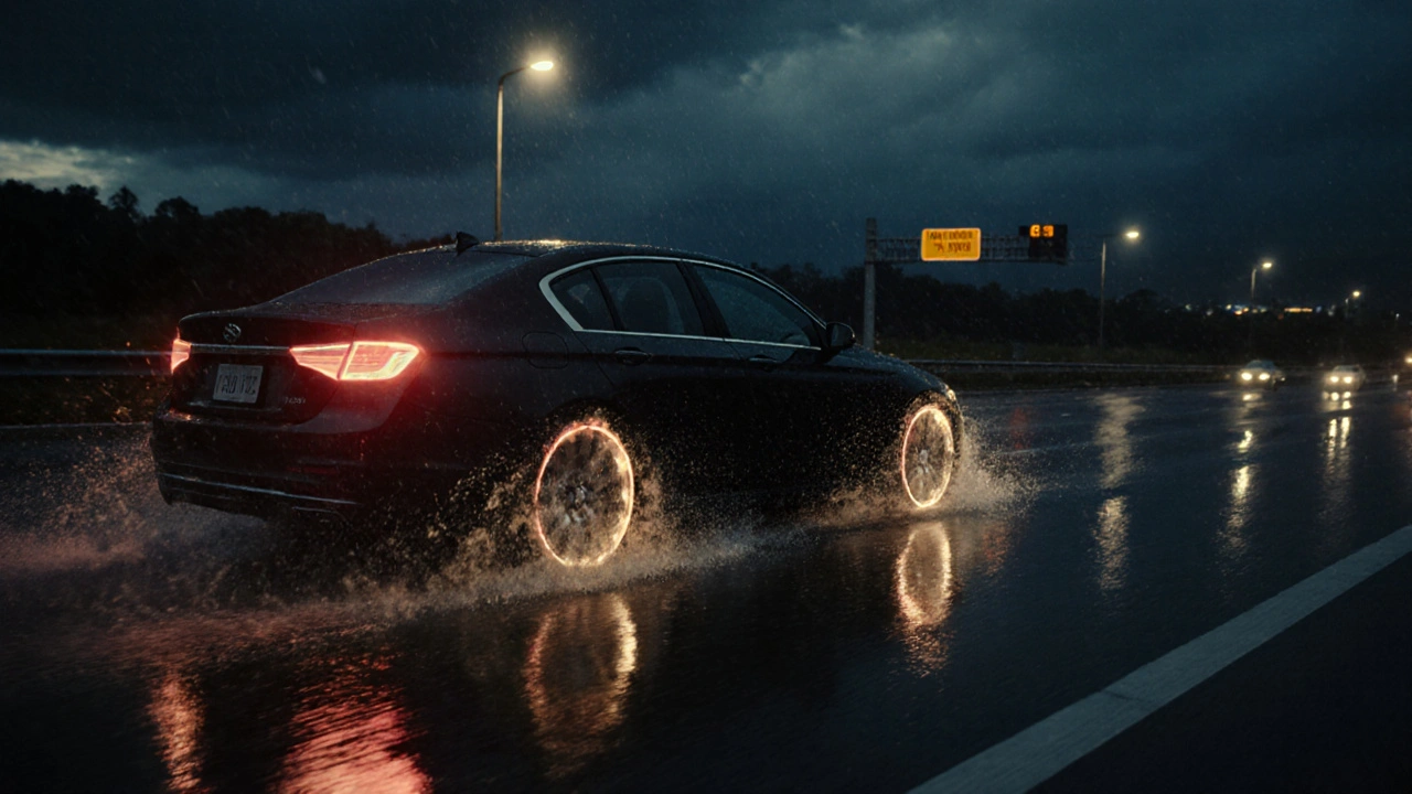 Rodinné auto na mokré dálnici ve večerní světle, riziko přehřátí pneumatik