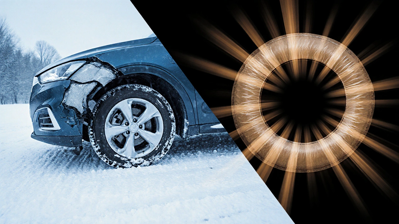 Rozdělený obrázek: poškozená pneumatika na sněhu vs. správně uložená v bezpečném prostředí.