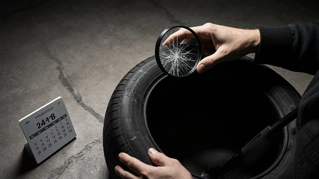 Ruce kontrolyují pneumatiku s magnifikátorem, viditelné praskliny a výrobní kód 4518.